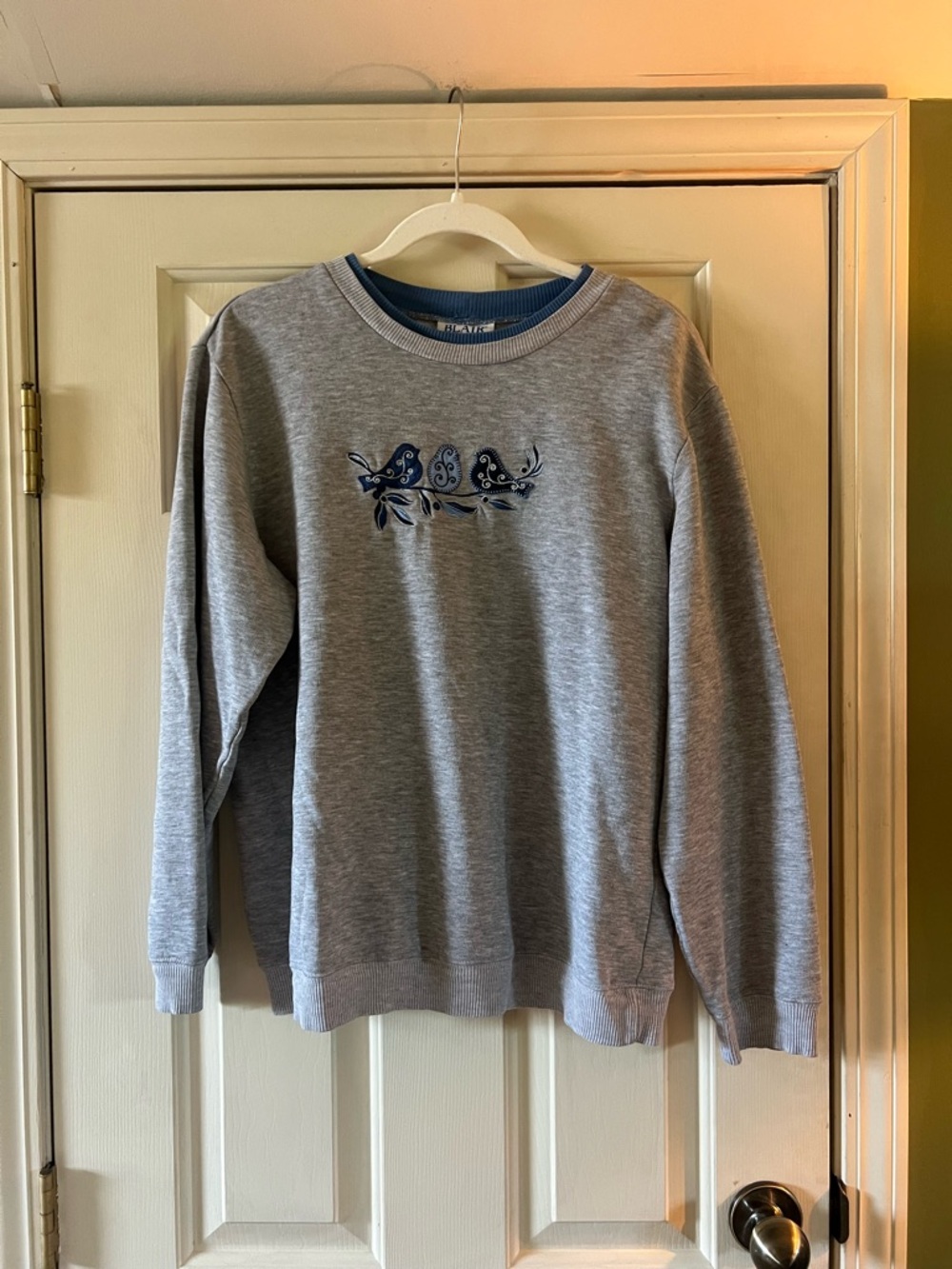 Grey Crewneck Sweatshirt with Blue Embroidered Detail